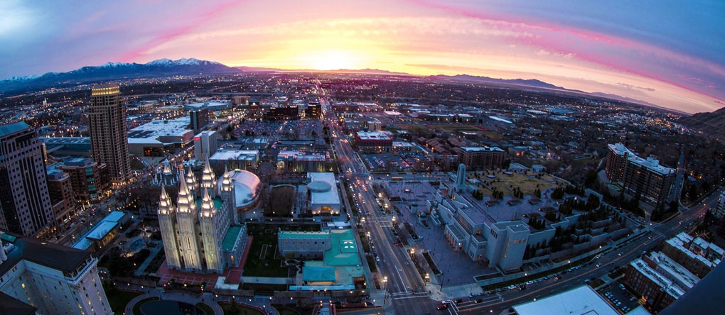 Aerial view of Salt Lake City at sunset.