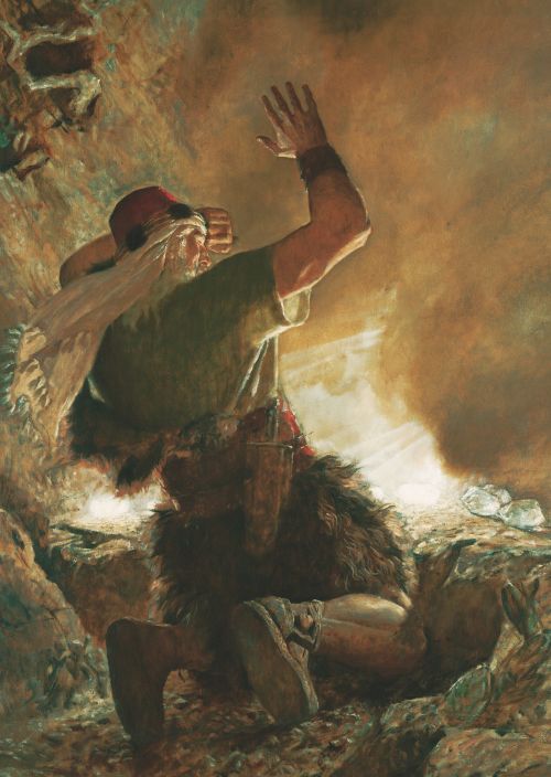 A painting by Arnold Friberg depicting the brother of Jared kneeling and shielding his eyes from the bright light emanating from the stones the Lord touched.