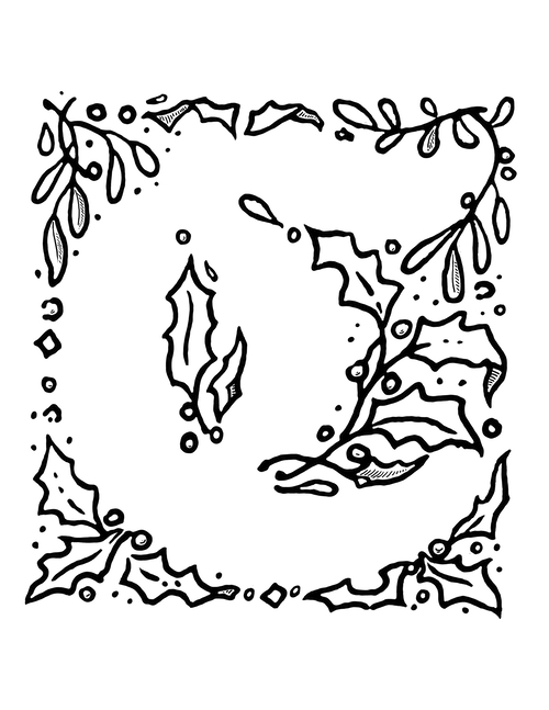 A coloring page with holly leaves and berries forming a capital C.