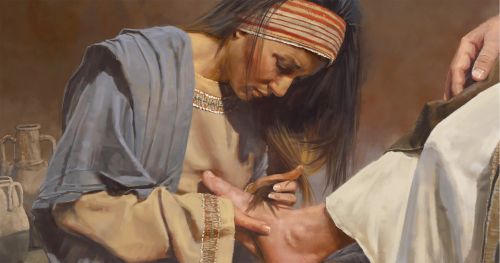 ภาพประกอบของสตรีกำลังเช็ดพระบาทพระเยซู