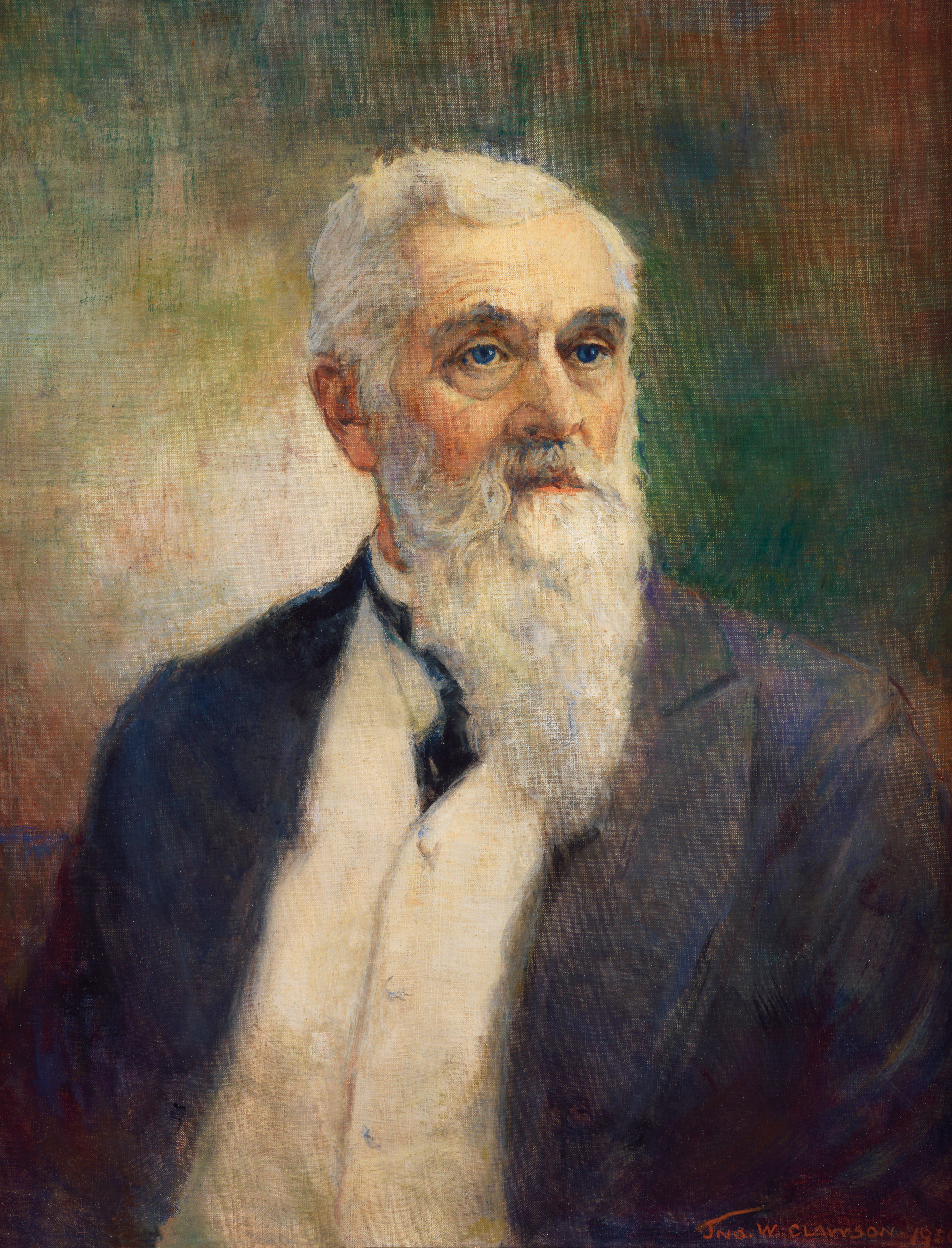 A painting of the prophet Lorenzo Snow in a white vest, dark suit, and long beard, by John Willard Clawson, dated 1936.