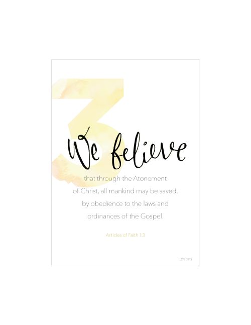 A white background with a large number 3 printed in yellow, paired with the words of Articles of Faith 1:3.