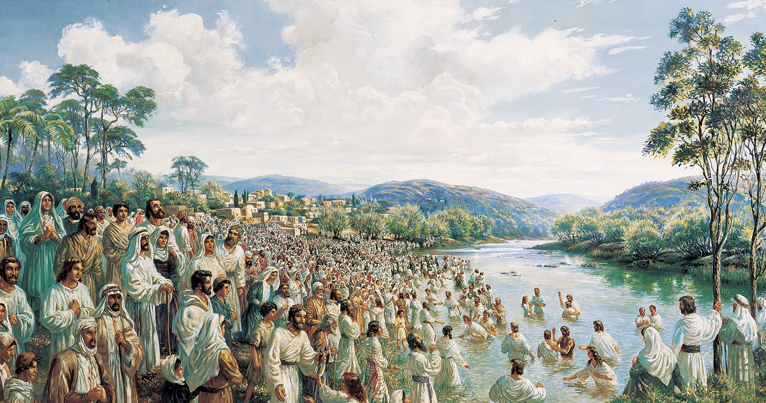 A large crowd of people being baptized in a river at the day of Pentecost.