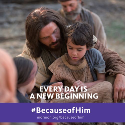 An image of Jesus Christ sitting with a young boy, combined with the words “Every day is a new beginning.”