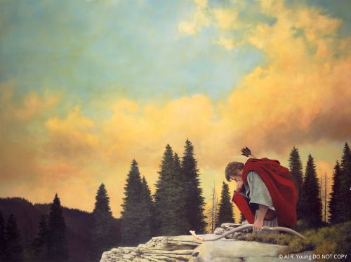 An image by Al R. Young depicting Enos sitting on the ground and resting his head on his clenched hand while holding a bow with his other hand.