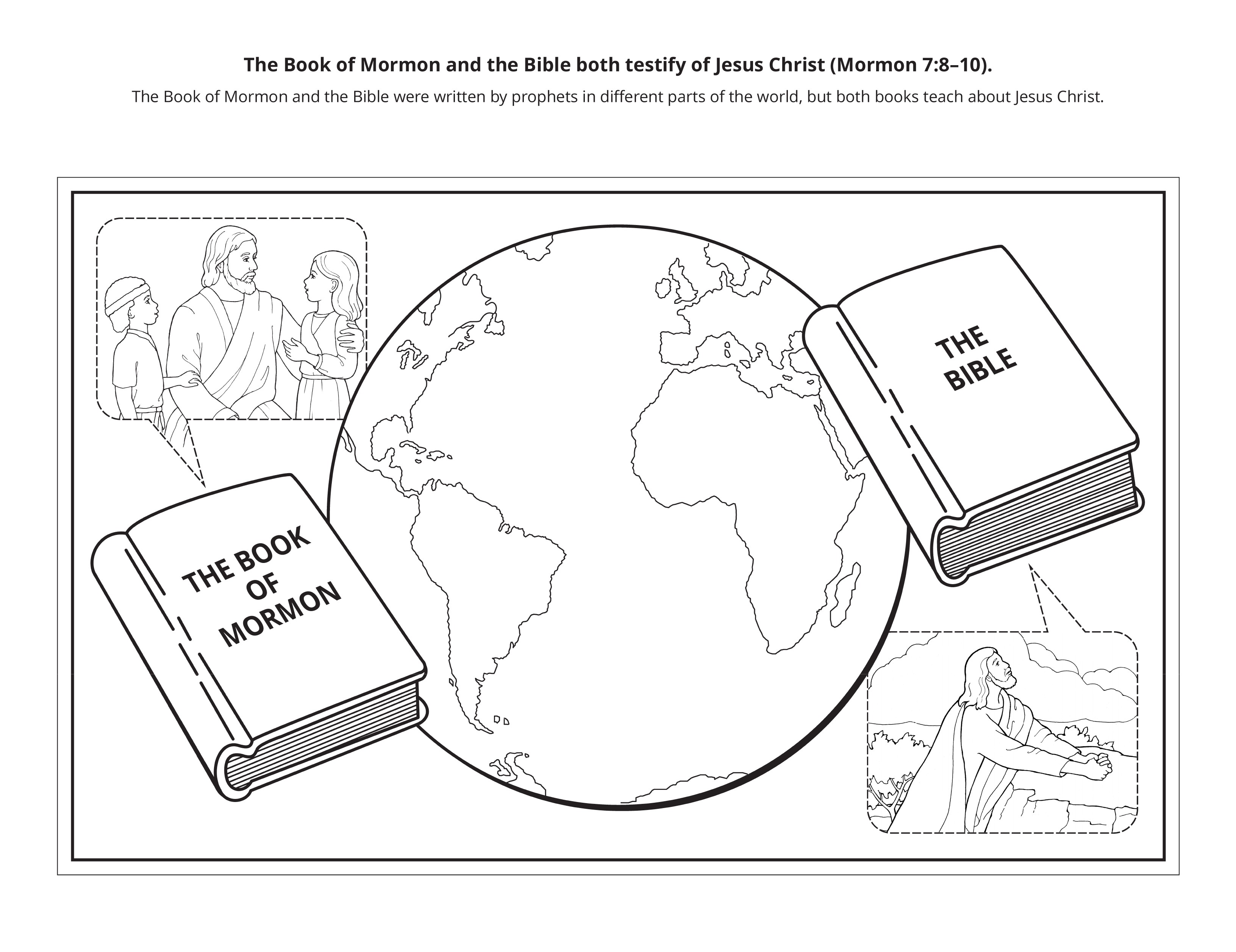 A line drawing of the Savior, the earth, the Book of Mormon, the Bible, and Jesus Christ.