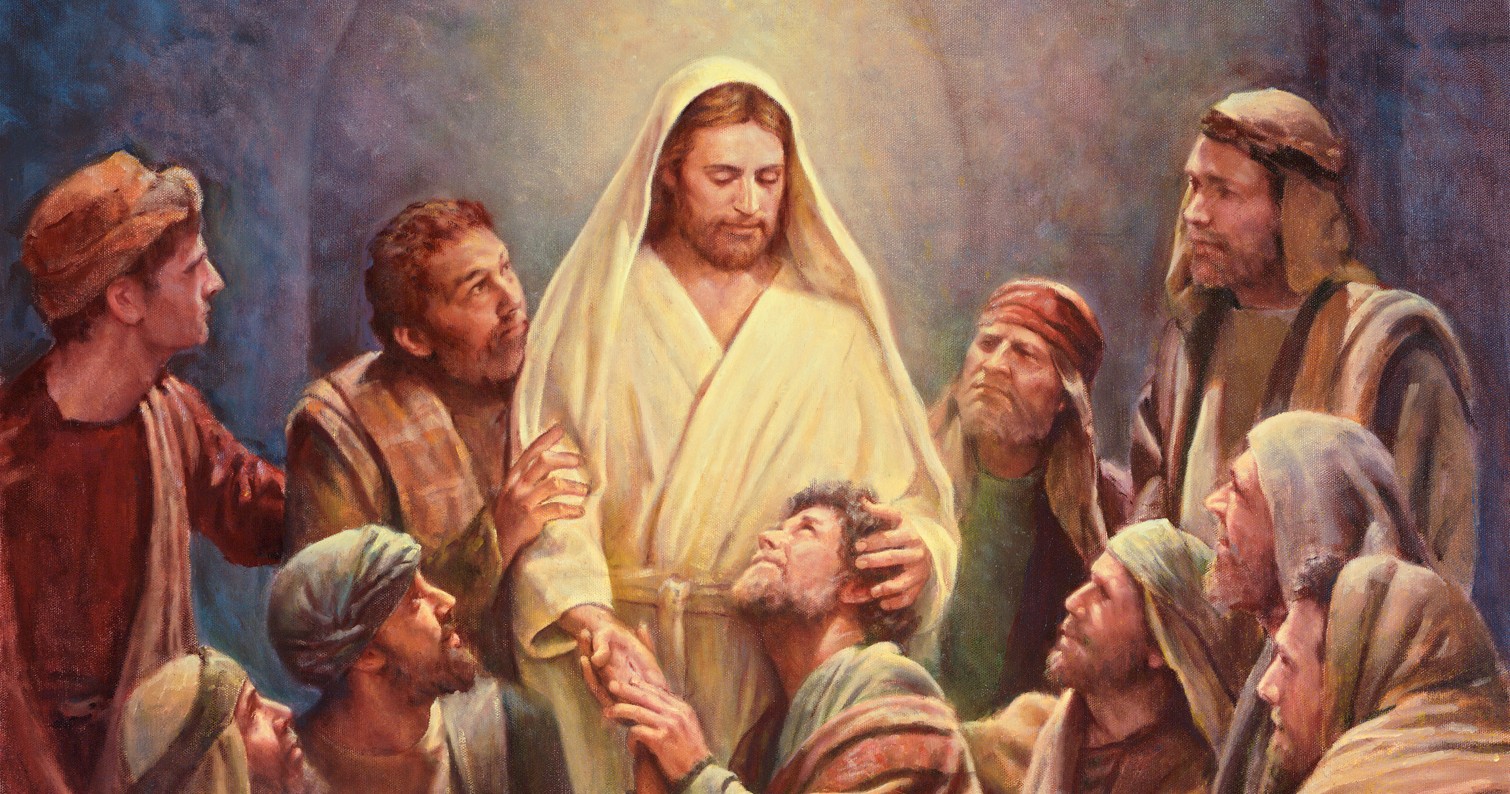 Christ with the Apostles after He has risen from the tomb. One of the Apostles is kneeling on the ground looking up at Jesus Christ and holding His hand.