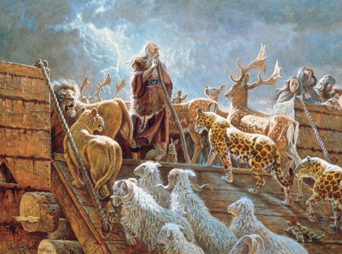 A painting by Clark Kelley Price of Noah standing on the ark while the animals walk up a ramp to board the ship and a storm brews in the background.