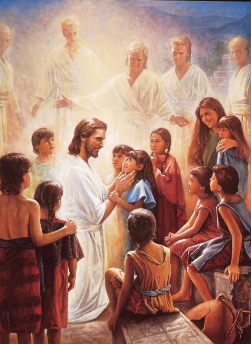 Christ kneeling to talk to a group of children in the Americas while a row of angels in white robes, surrounded in light, stand in the background.