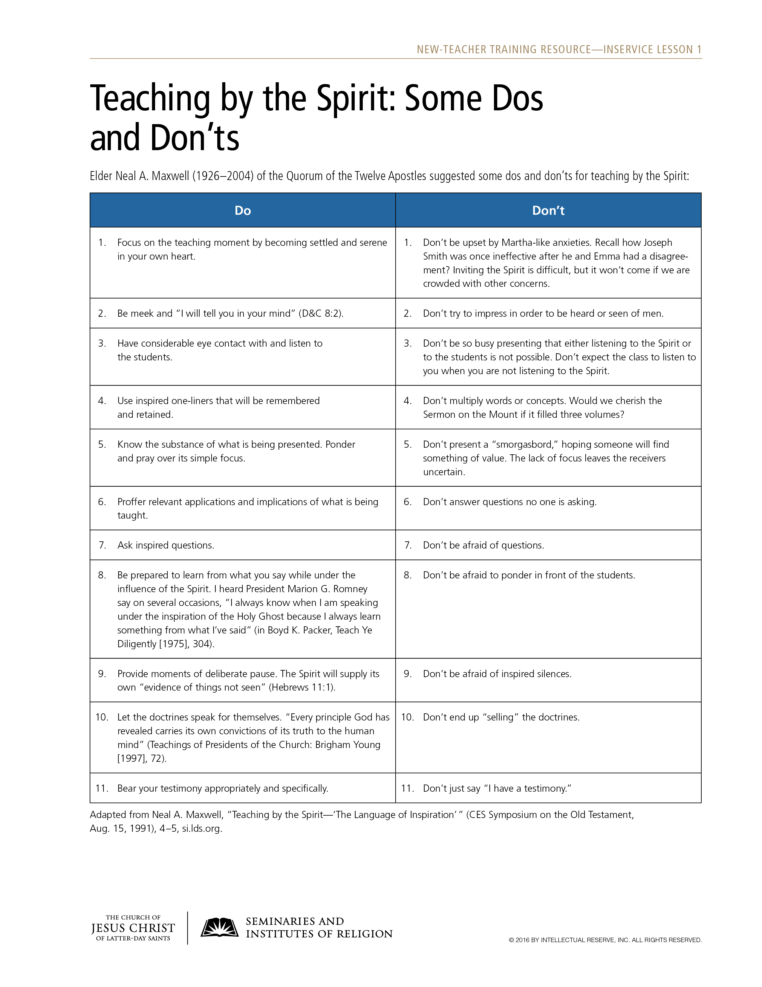handout, Teaching by the Spirit: Some Dos and Don’ts