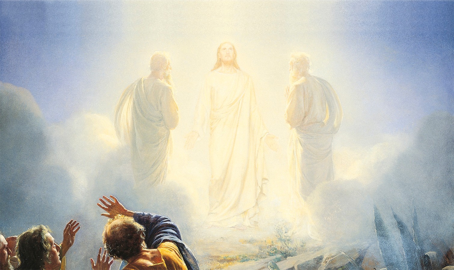 The apostles Peter, James and John witnessing the transfiguration of Christ. Christ is surrounded by light. Moses and Elias (Elijah) appear as transfigured beings surrounded by the same light. Peter, James and John are shielding their eyes from the brightness of the light.