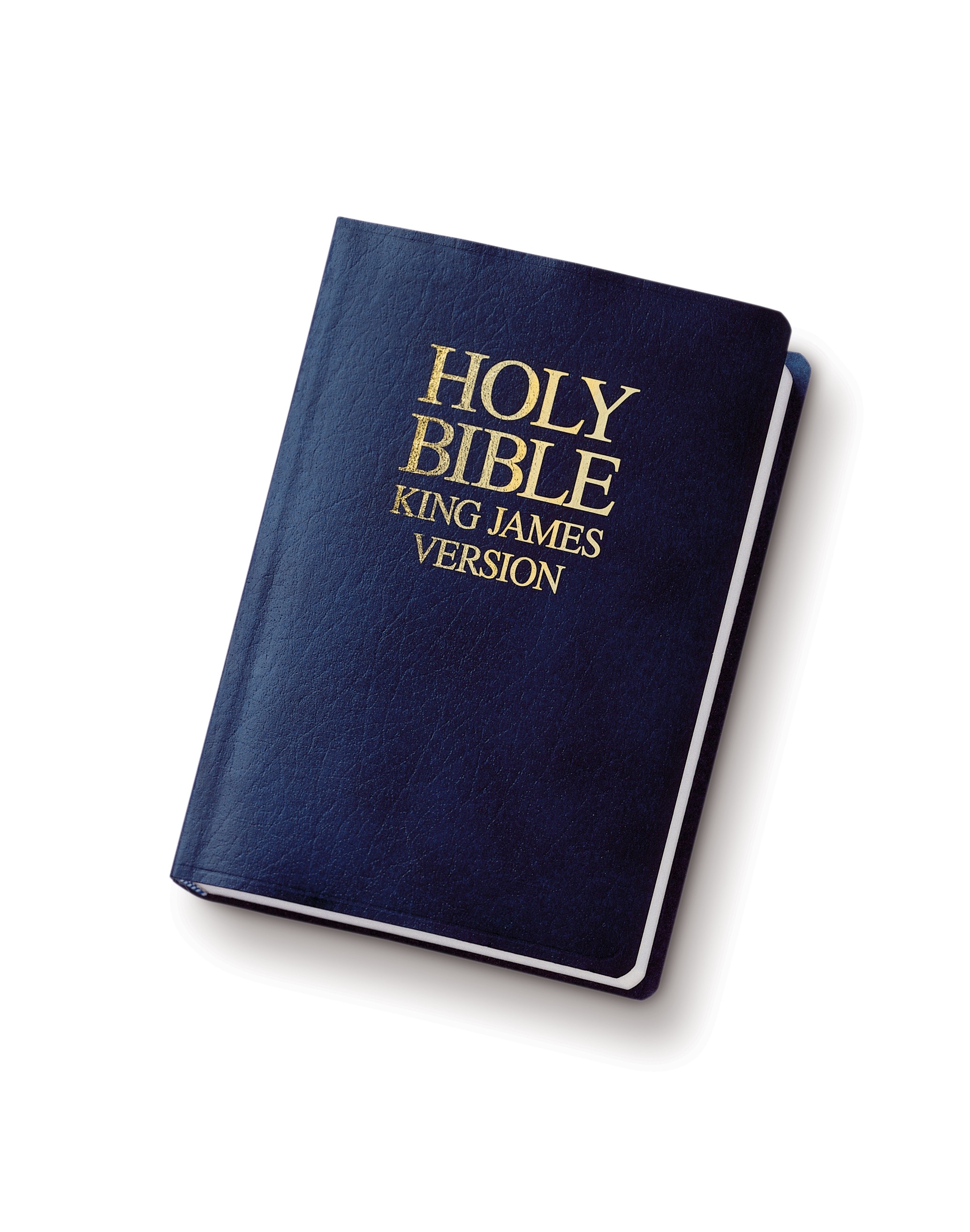 A photograph of a blue hardcover King James Version of the Holy Bible.