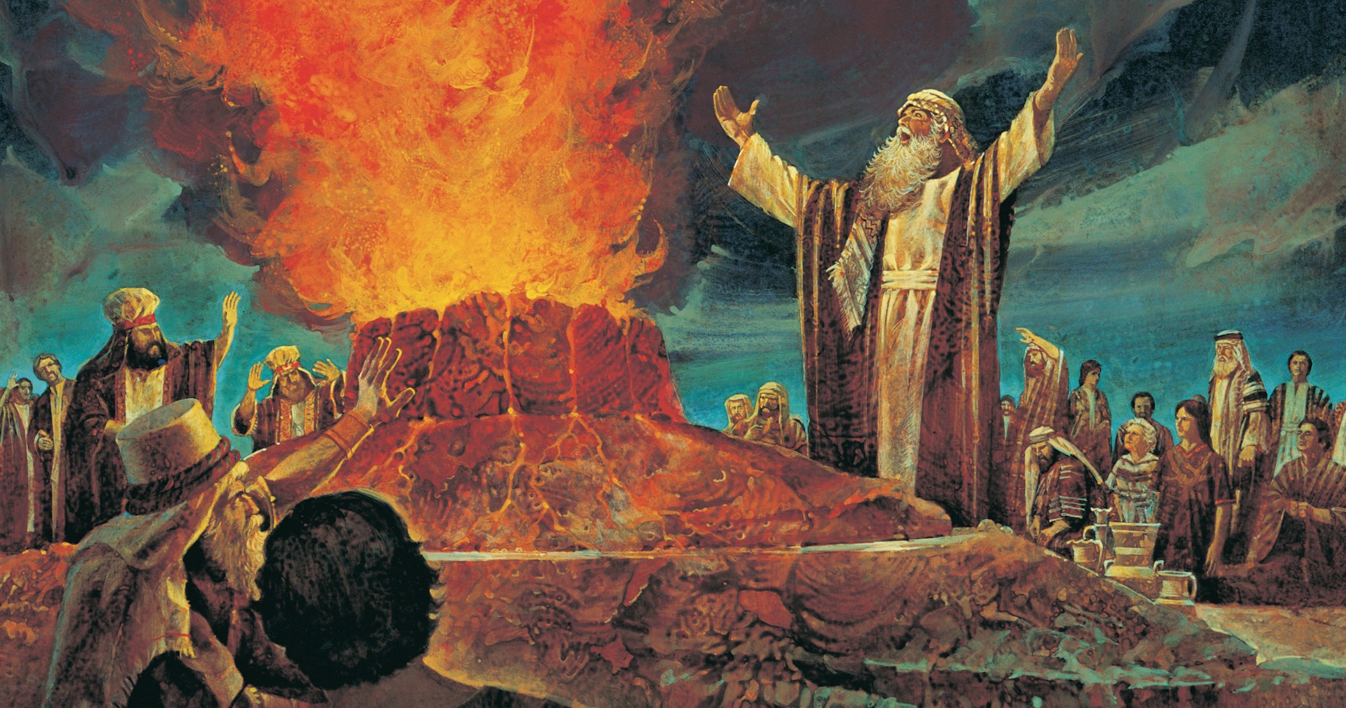 The Old Testament prophet Elijah standing next to an altar. Elijah has his arms extended as he commands fire from heaven to consume the altar.