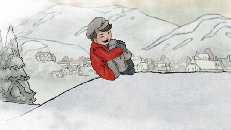 A cartoon boy jumping into a pile of snow