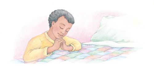 A watercolor illustration of a boy with black hair kneeling by his bed to pray.