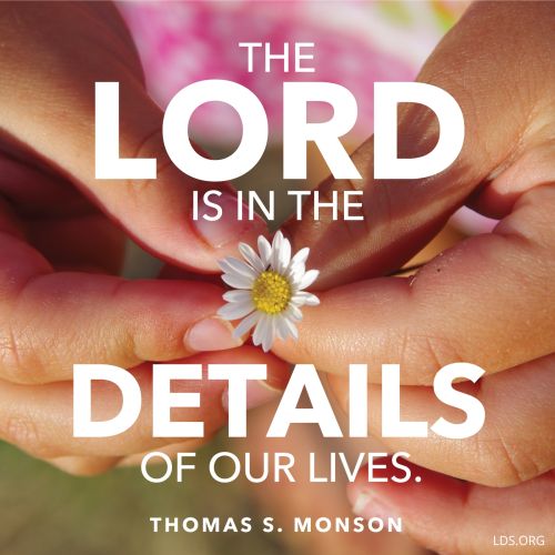 A photograph of a girl’s hands holding a daisy, paired with a quote by President Thomas S. Monson: “The Lord is in the details.”