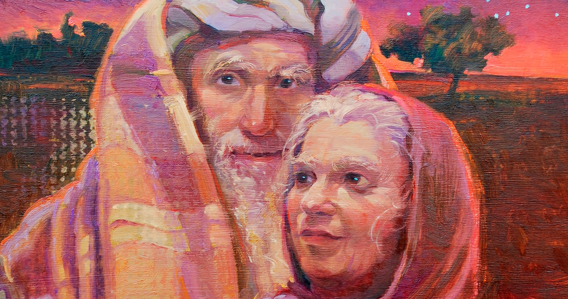 Full color illustration of Abraham and Sarah from the old testament.