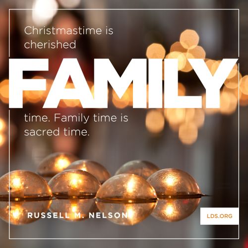 An image of candles floating on water, coupled with a quote by President Russell M. Nelson: “Christmastime is cherished family time.”