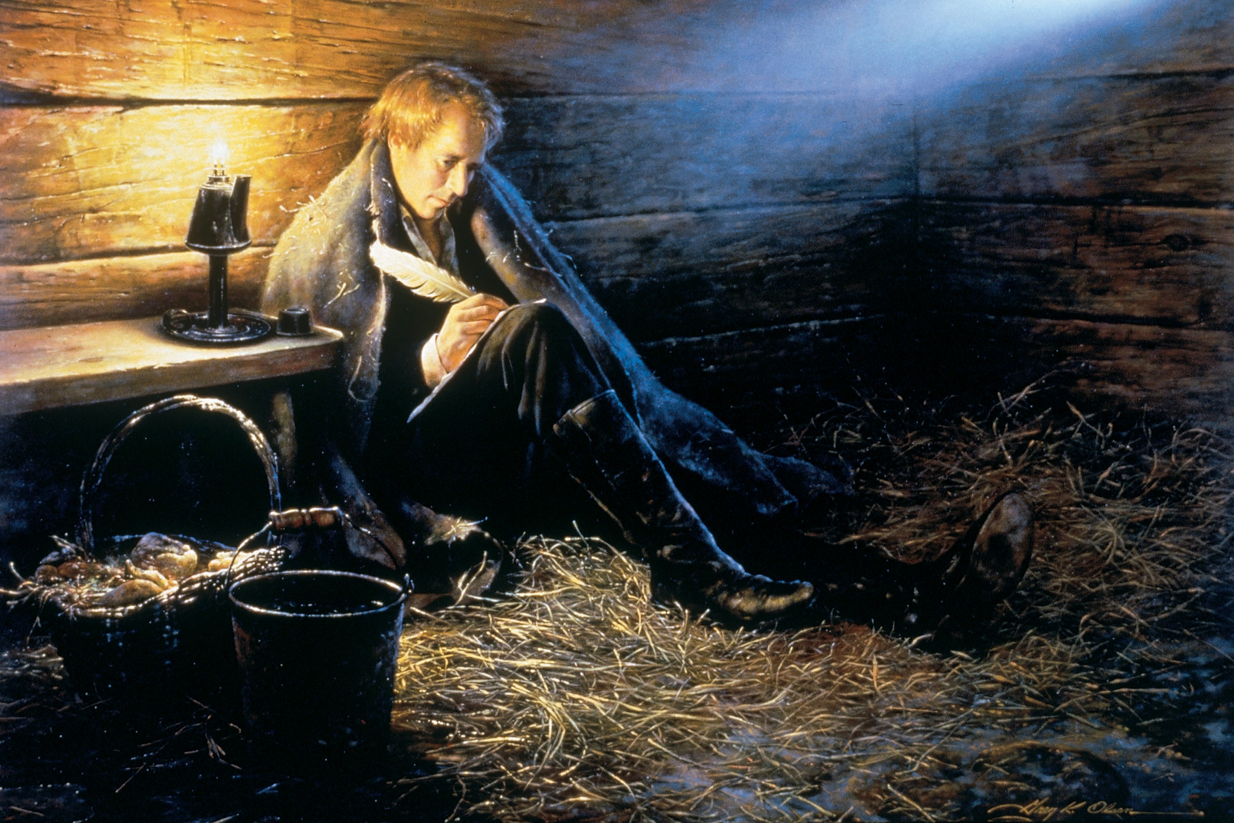 A painting by Greg K. Olsen depicting Joseph Smith sitting on the floor on some straw in Liberty Jail, writing on a piece of paper, with sunlight shining on him.