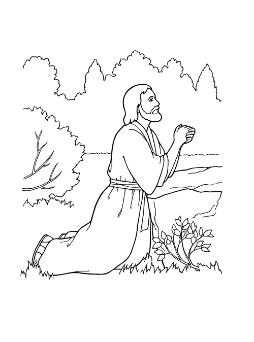 A black and white illustration of Jesus Christ kneeling and praying in the Garden of Gethsemane.