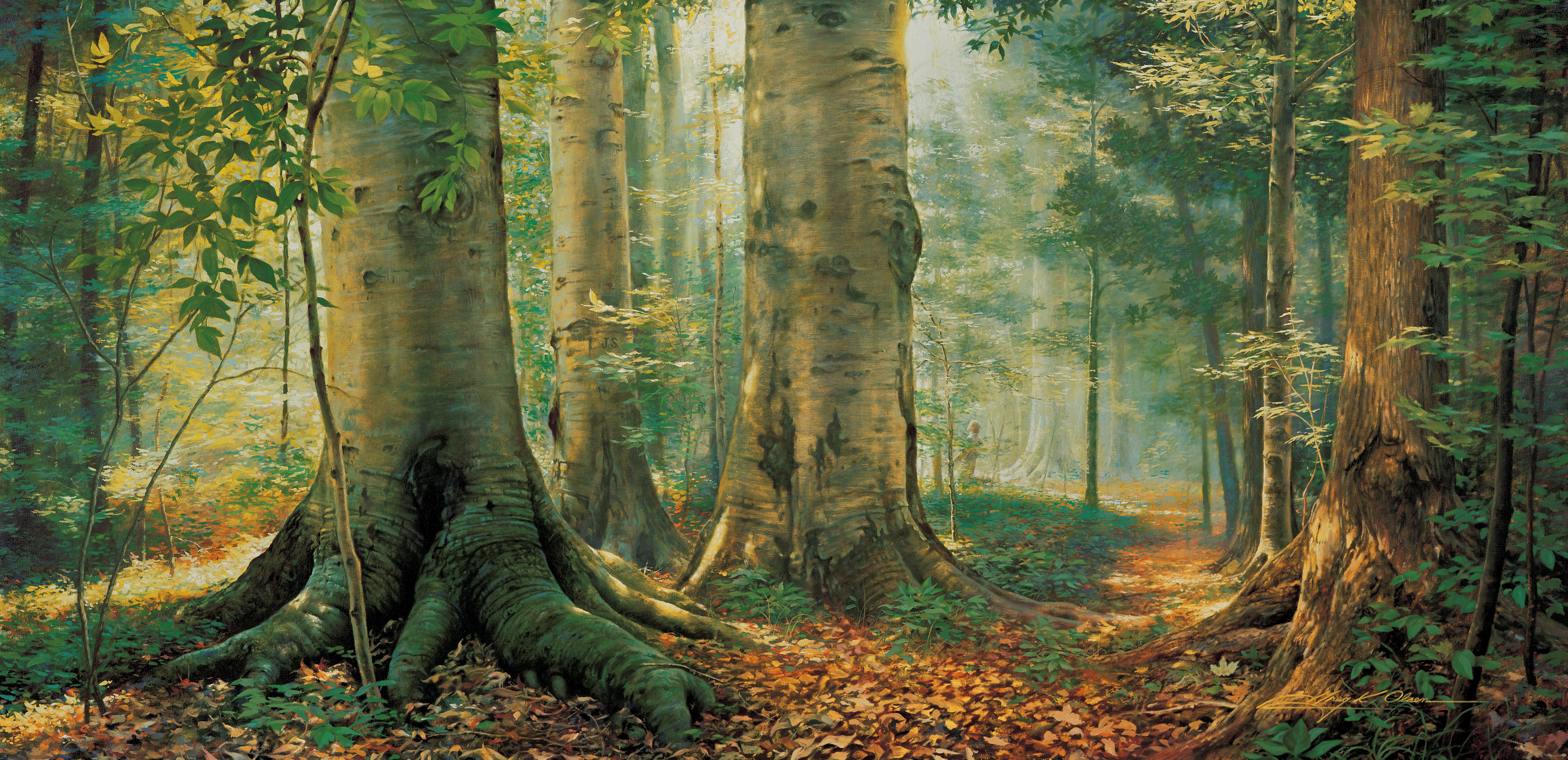 A painting of the trees in the Sacred Grove.