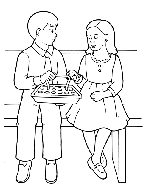 A black-and-white illustration of a young girl and a young boy sitting next to each other in Sunday dress taking the sacrament water.