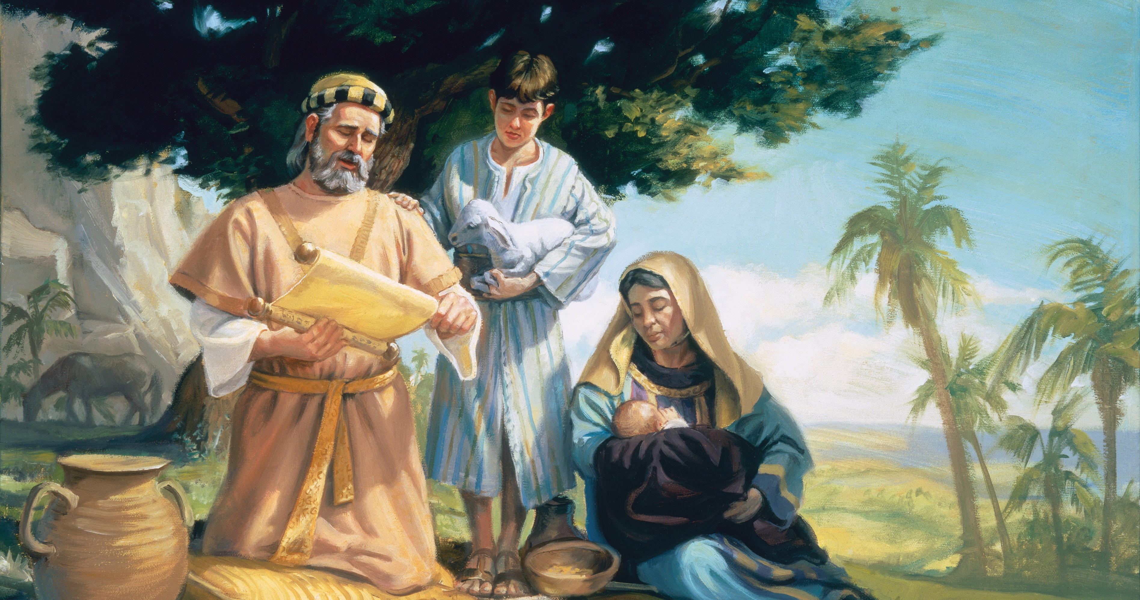The Book of Mormon prophet Enos depicted as a young boy. Enos is looking at his father and mother. Jacob, the father of Enos, is reading scriptures from a scroll. Enos' mother is holding an infant. The illustration depicts the teachings and influence of Jacob upon his son.