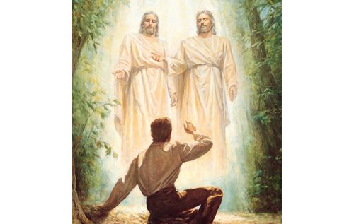 The Prophet Joseph Smith, Jr. in the Sacred Grove (in Manchester, New York) when he received the First Vision. Joseph is depicted kneeling before God the Father and Jesus Christ. Both God the Father and Christ are portrayed wearing white robes. The Father is presenting Christ to Joseph. There are trees in the background. (Joseph Smith - History 1:15-20)