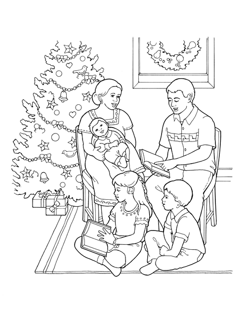 A black-and-white illustration of a family of five sitting near a Christmas tree in their home reading books together.