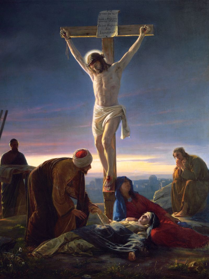 El cuerpo de Jesucristo cuelga en la cruz mientras Su madre María y Sus discípulos lloran al pie de la cruz