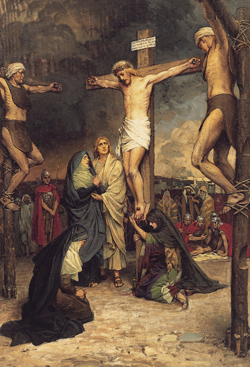 A painting of Christ being crucified between two thieves.