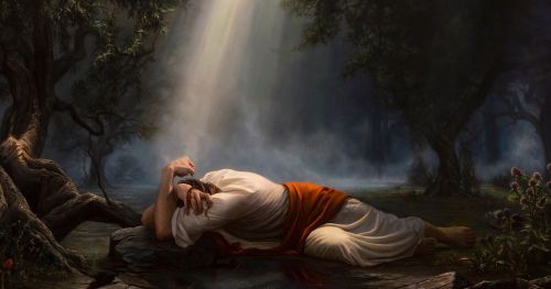 ゲツセマネの園で地面に横たわるイエス・キリスト