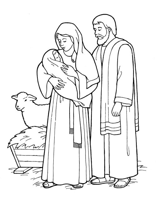A black-and-white illustration of Mary, Joseph, and the baby Jesus, standing in the stable with the manger and sheep in the background.