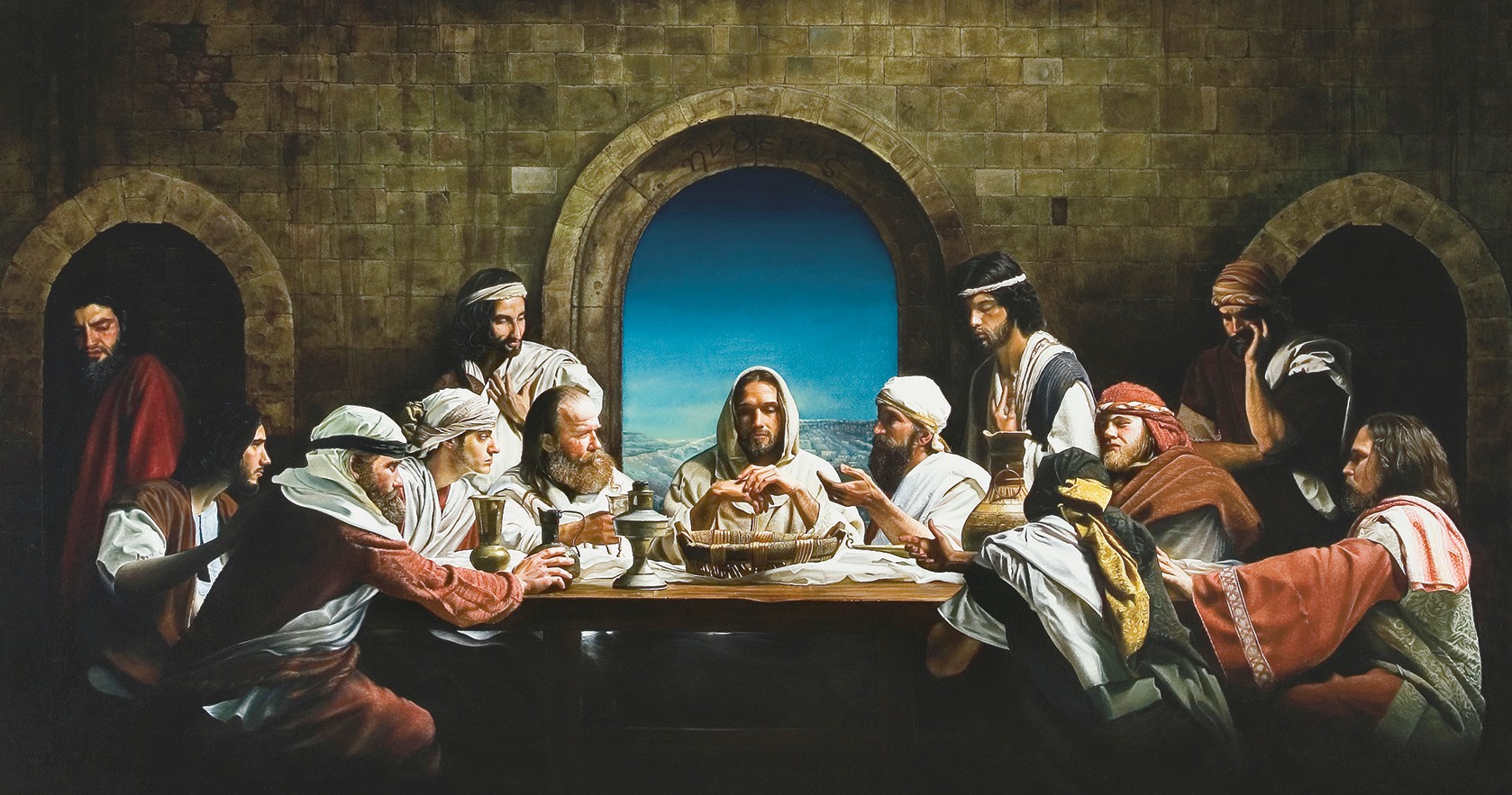 Painting depicting Jesus Christ and his apostles during the last supper.  Christ is depicted breaking bread and instituting the sacrament.