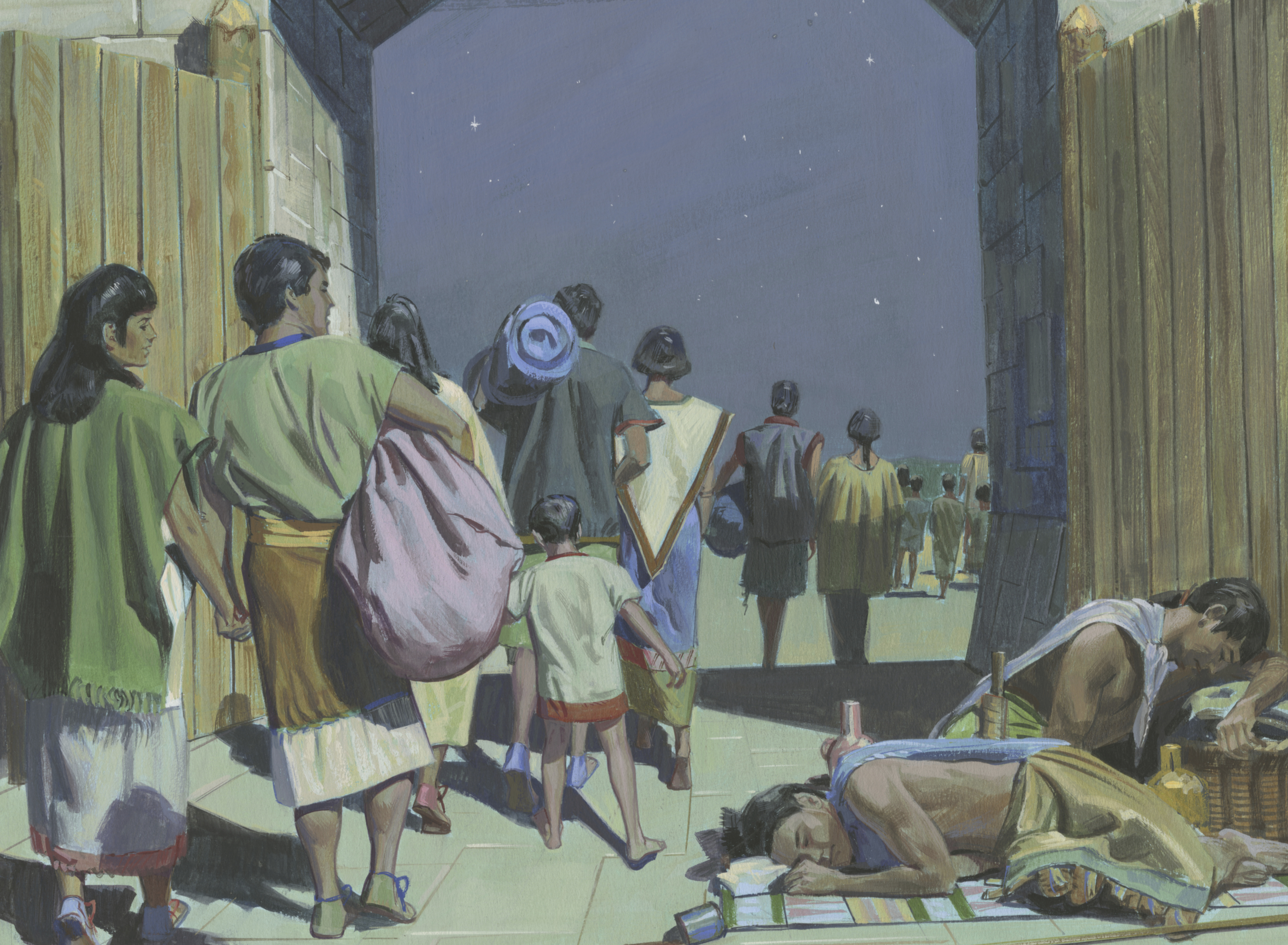 A painting by Jerry Thompson depicting King Limhi’s people escaping captivity; Primary manual 4-25