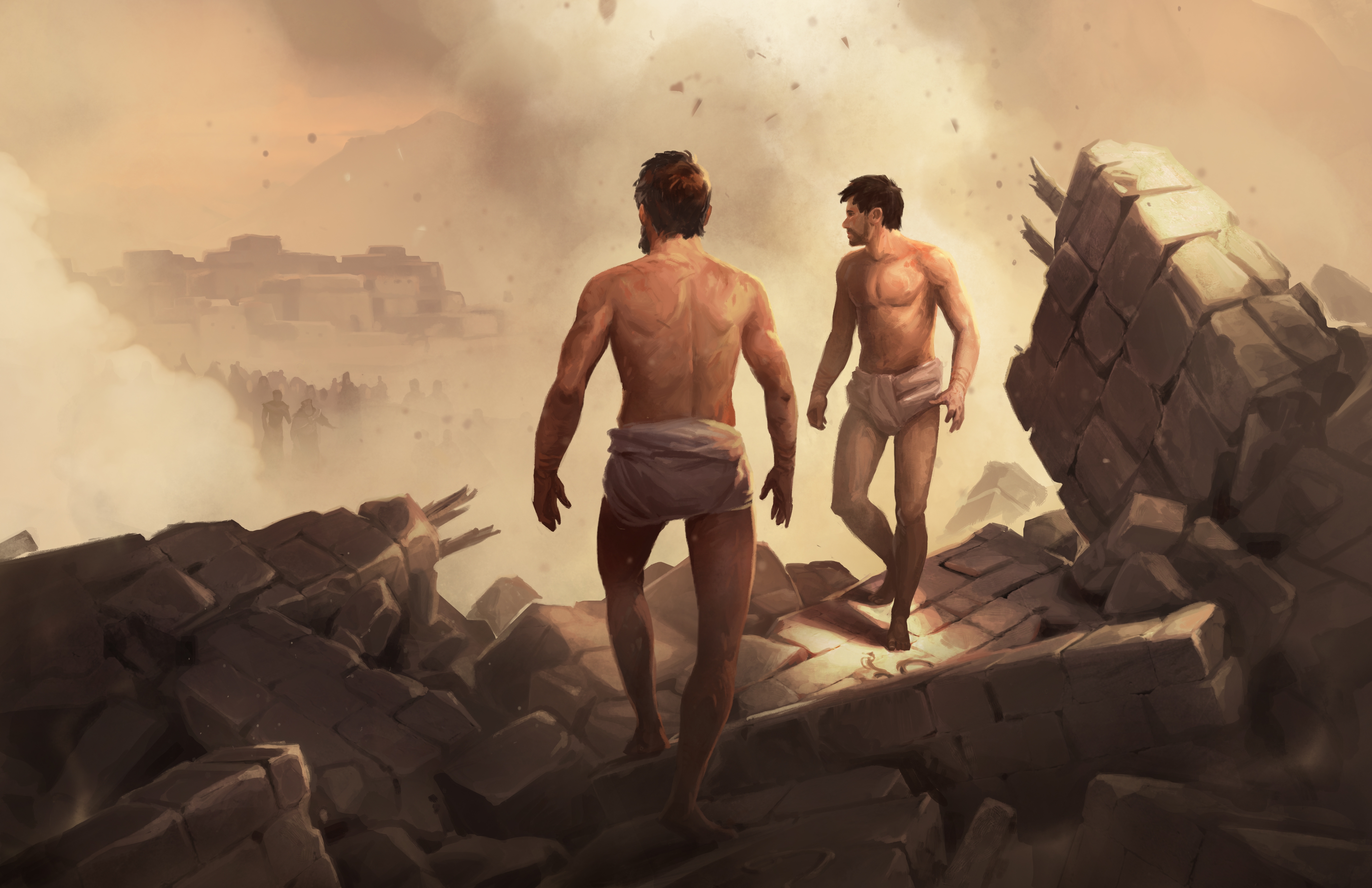 A painting by Andrew Bosley depicting Alma and Amulek walking over rubble as they escape the prison that was destroyed by an earthquake.