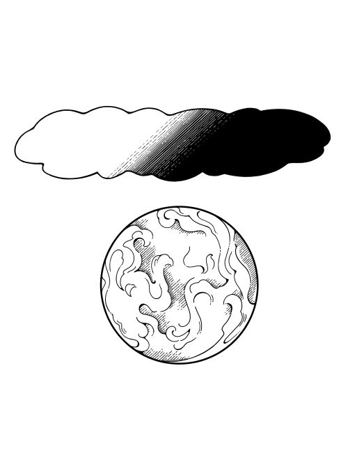 A black-and-white illustration of the earth with a cloud of light and darkness around it.