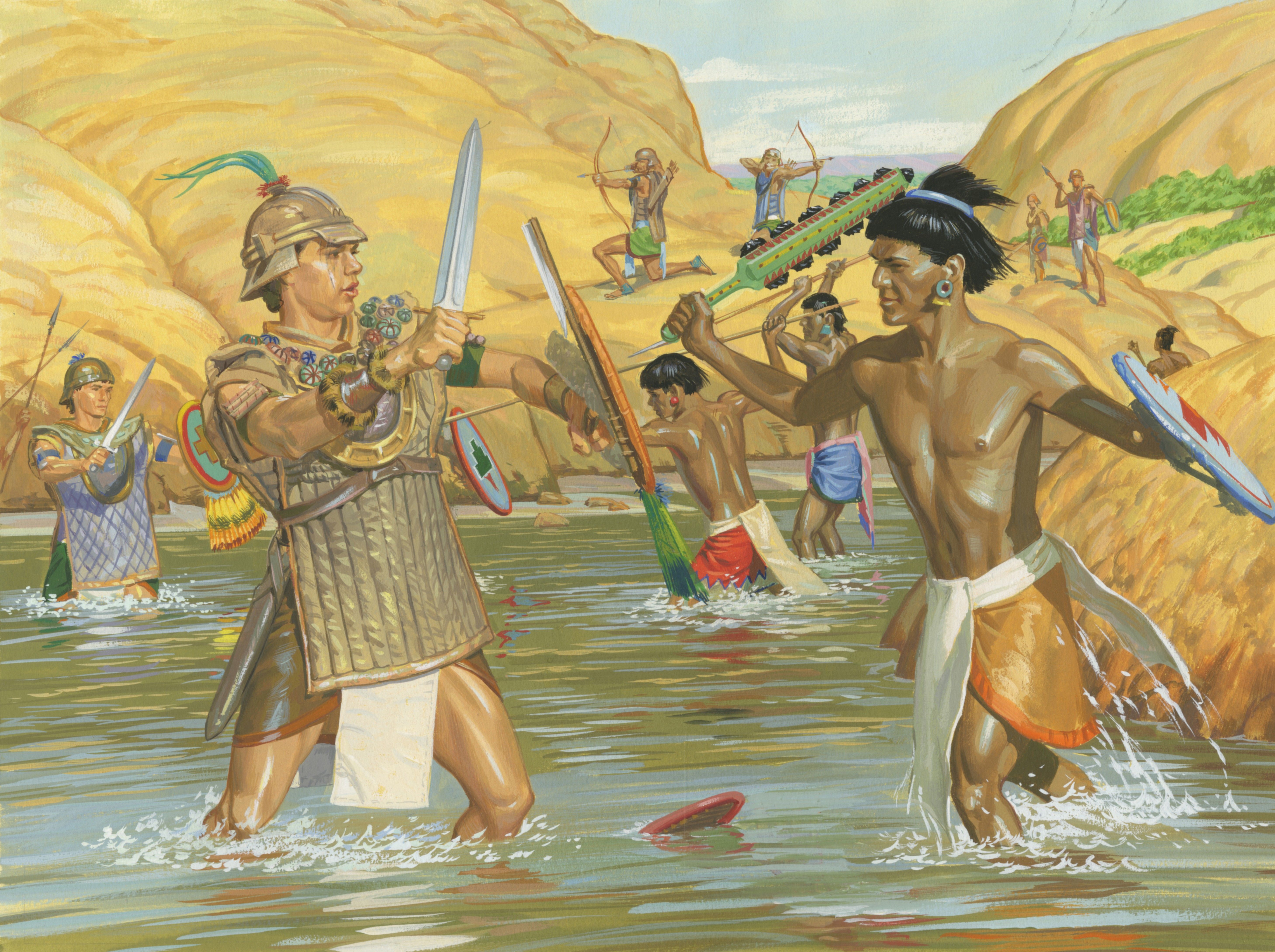 A painting by Jerry Thompson depicting Captain Moroni’s soldiers fighting the Lamanites; Primary manual 4-37