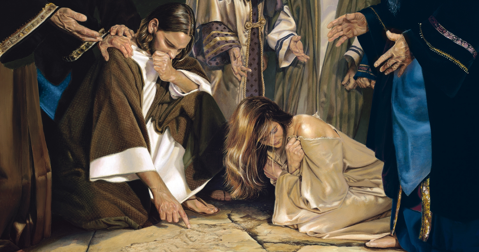 Christ writing in the dirt in front of the woman taken in adultery.
altered version