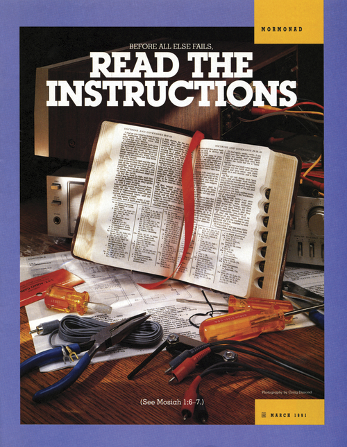 A poster of a set of scriptures surrounded by various tools, with the words “Read the Instructions” emphasized.