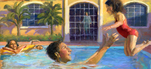 A young girl jumping into a swimming pool.  Her father has his arms outstretched to catch her.