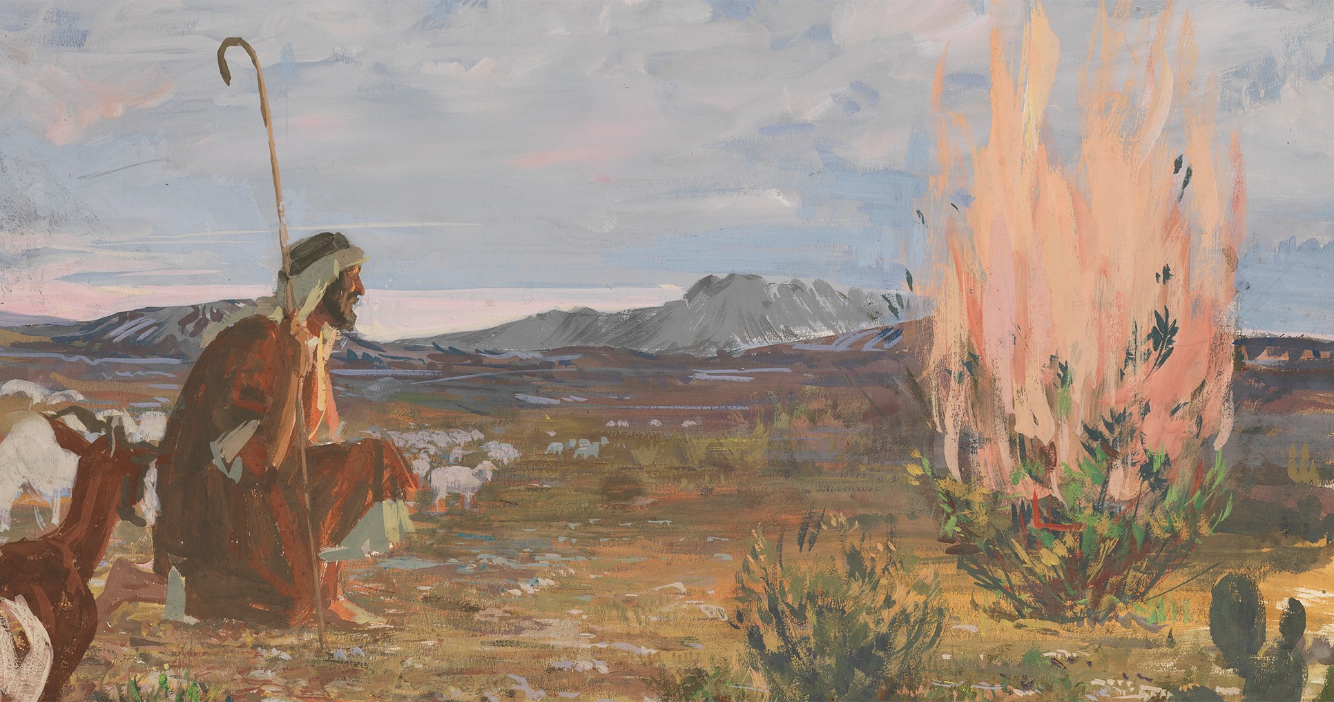 Preparatory sketch in casein on illustration board by artist Harry Anderson.  The sketch depicts the Old Testament prophet Moses kneeling before a burning bush (signifying an angel of the Lord appearing in the burning bush).  (Exodus 3:1-2)