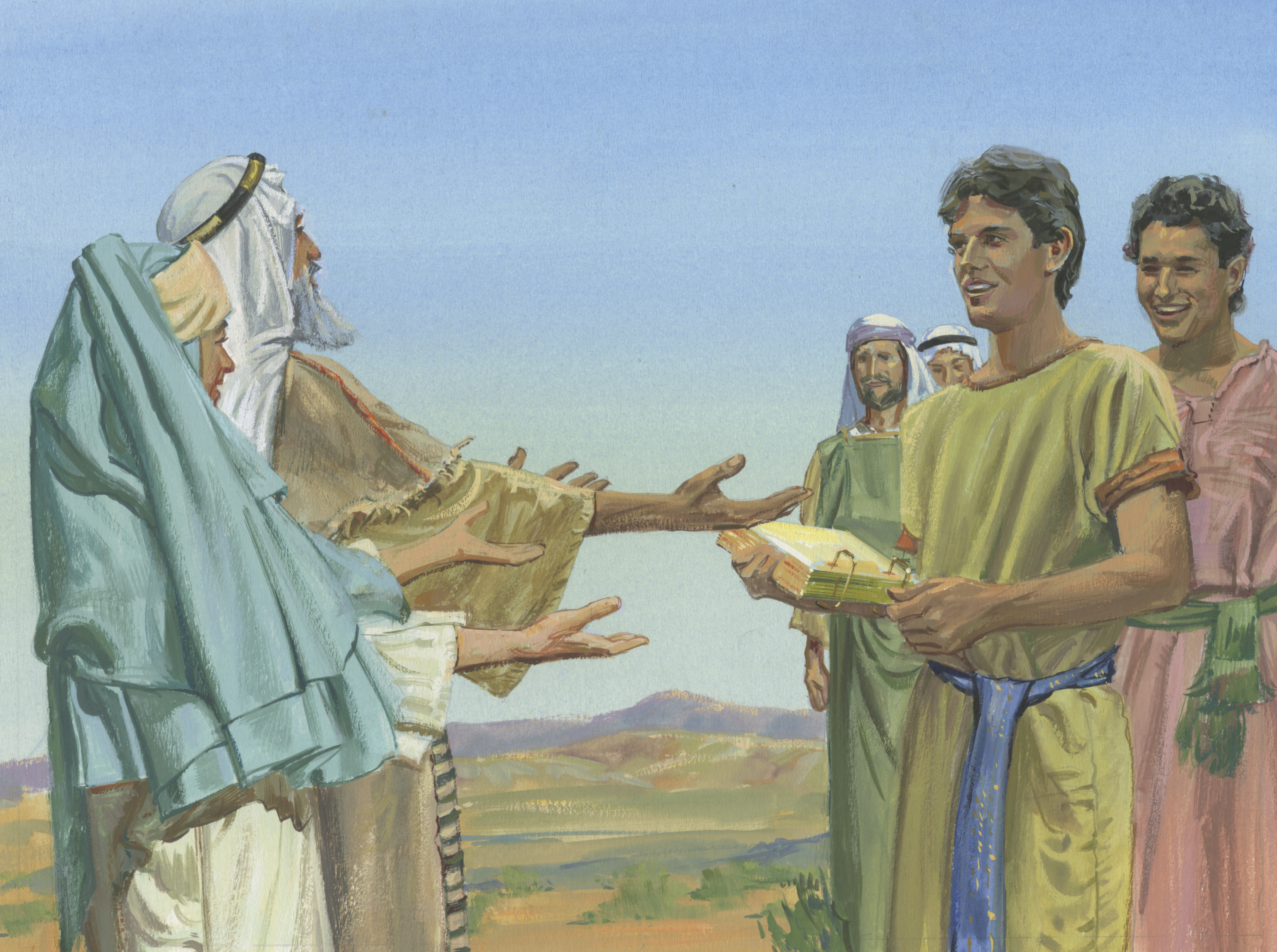 A painting by Jerry Thompson depicting Nephi returning to Lehi with the brass plates; Primary manual 4-8