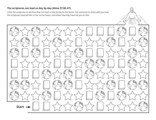 A maze activity with illustrations of the scriptures and the earth, leading to the Savior.