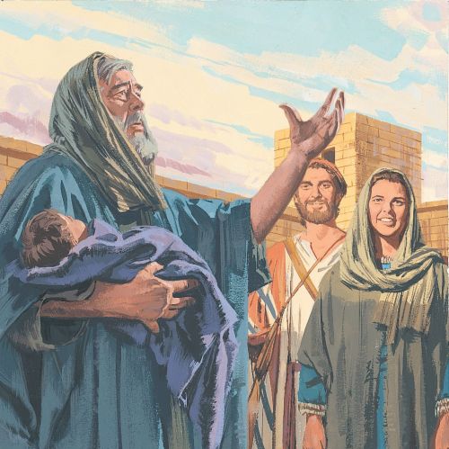 Simeon speaks while holding Jesus with Joseph and Mary looking on and marvelling at his words - ch.6-4