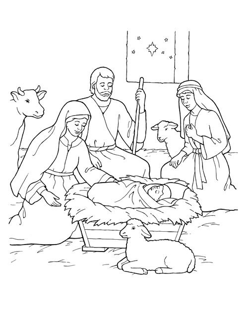 A black-and-white illustration of the first Christmas with Mary, Joseph, baby Jesus, a shepherd, and a few animals in the hay.