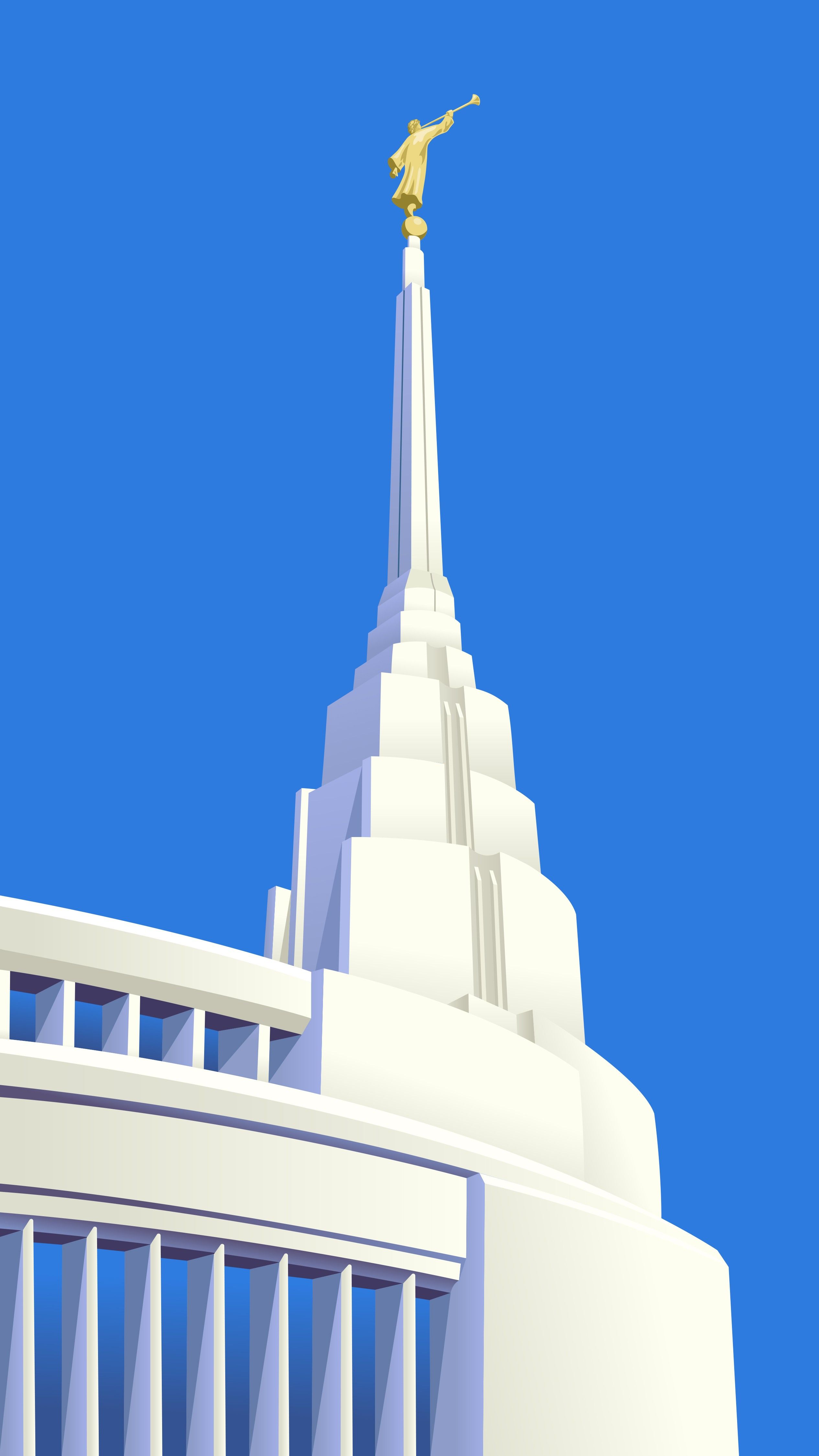 An angel Moroni statue set atop a temple spire.