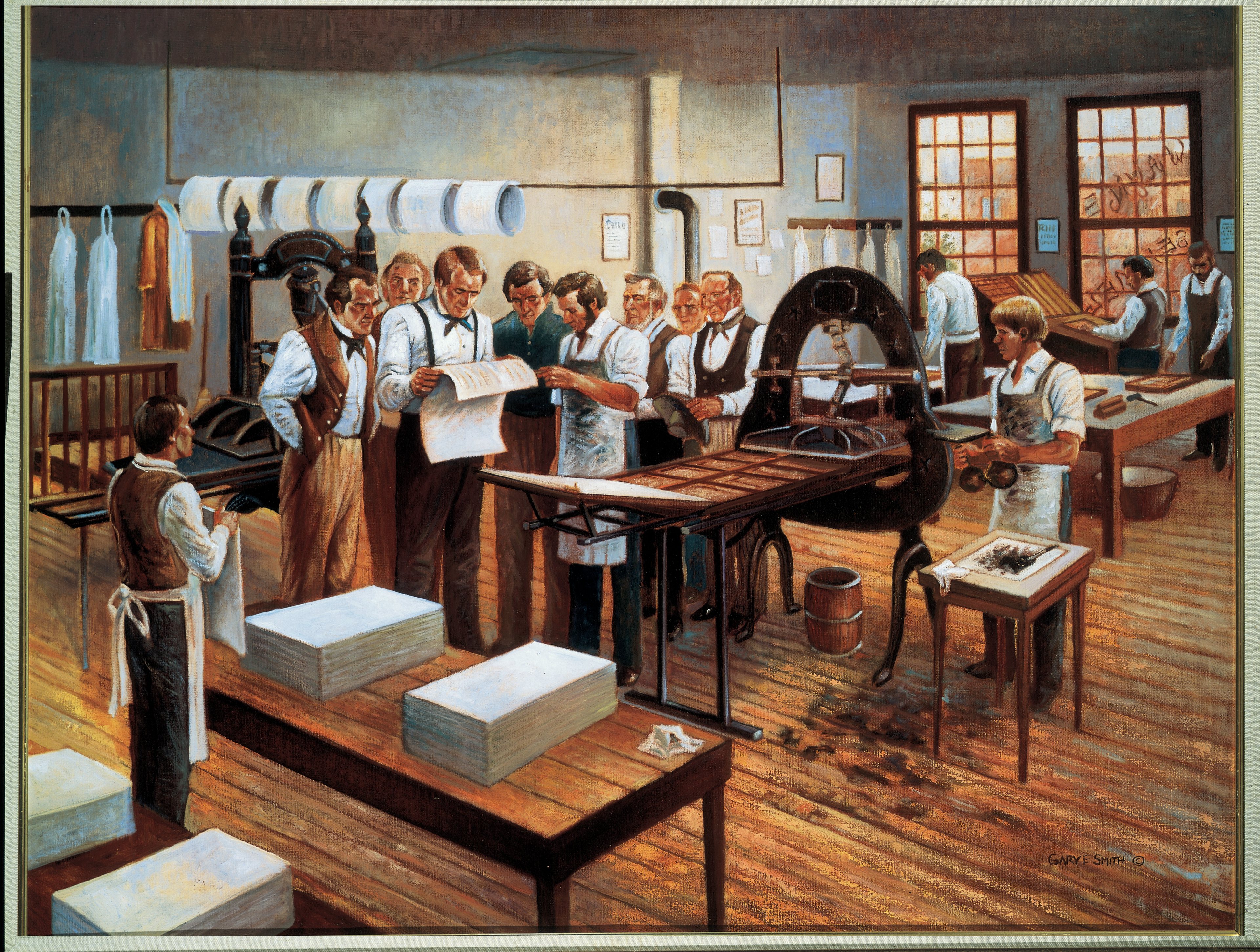 Joseph Smith an other men in the Grandin Press building looking at the first printed pages of the Book of Mormon.