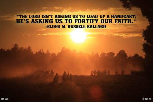 An image of a sunset and silhouettes of people, with a quote by Elder M. Russell Ballard: “He’s asking us to fortify our faith.”