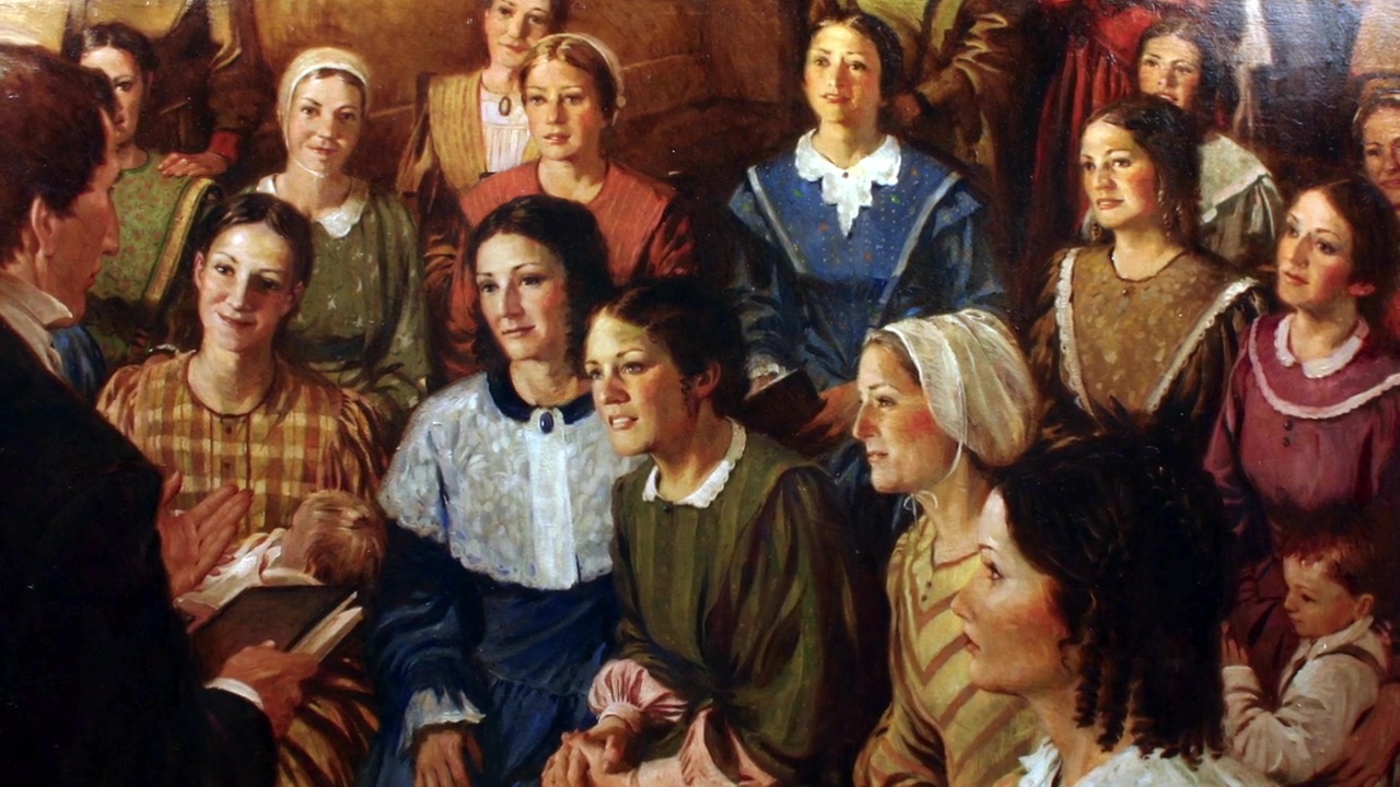 An artist rendition of one of the first relief society meetings in pioneer days